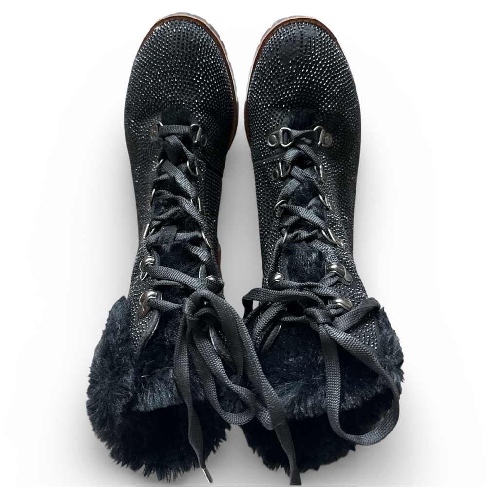 Nanette Lepore Black Beaded Faux Fur Ankle Boots Lace Up Chunky Heel Size 8M - Picture 2 of 10
